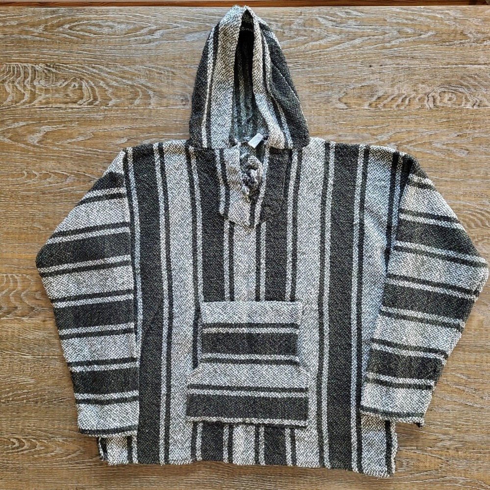 La Malinche Baja Hoodie Mens XL Grey White Striped Mexican Poncho Pullover XL